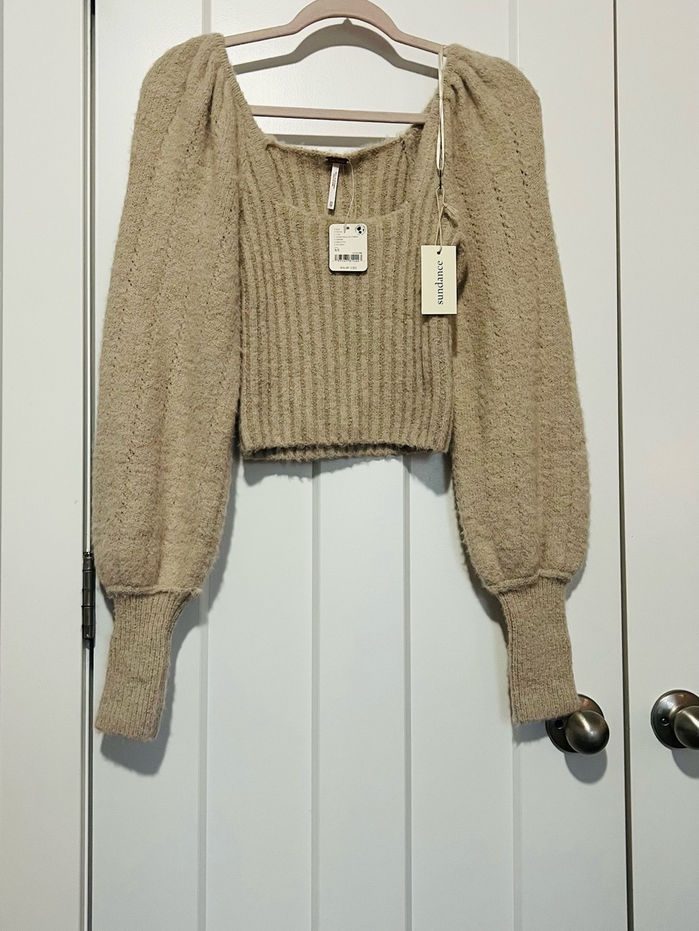 Club Monaco Beige Off-the-Shoulder Smocked Puff-Sleeve Sweater